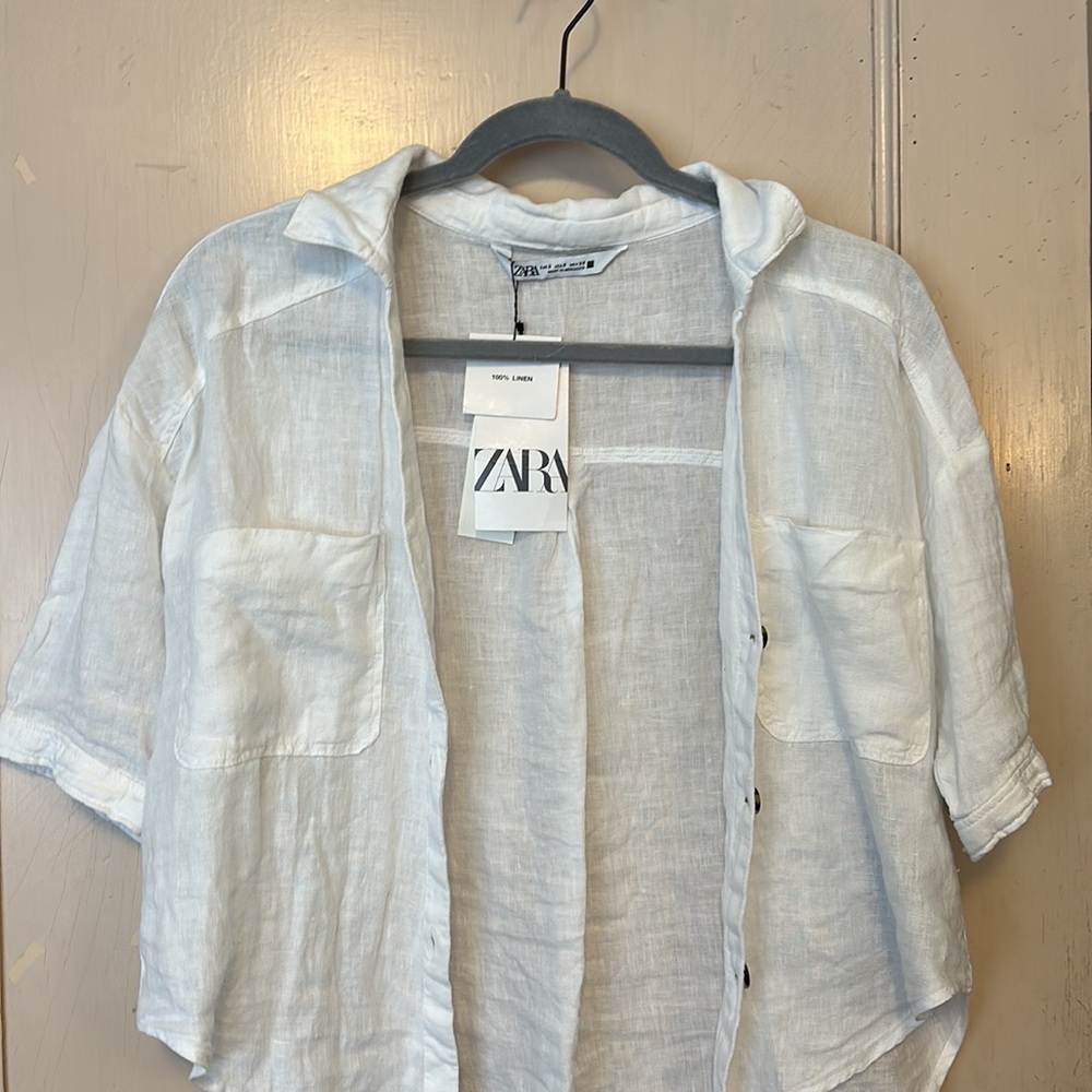 Zara Cropped White Linen Button Up